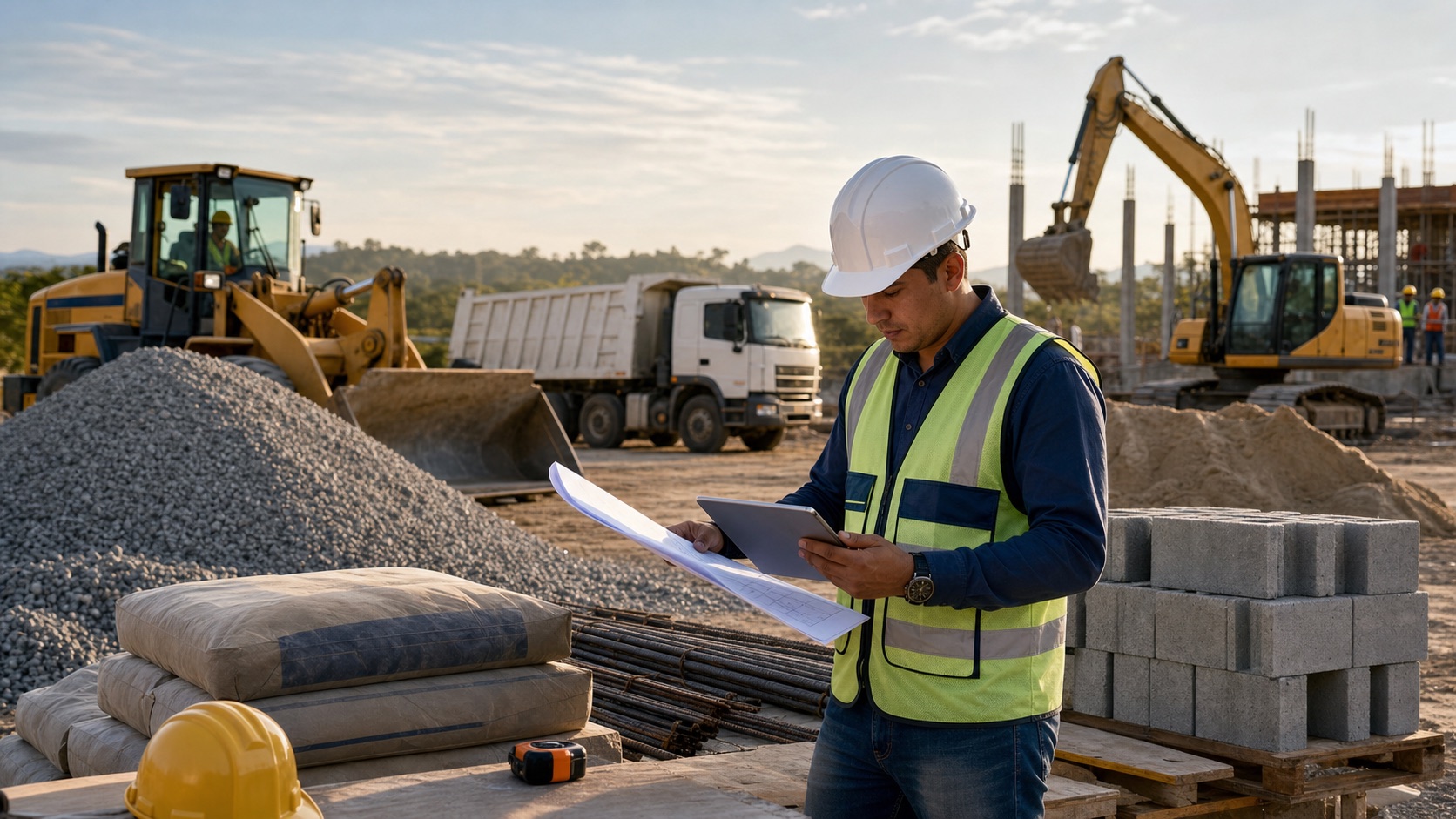 Ingeniero revisando planos junto a materiales pétreos, block y maquinaria de construcción
